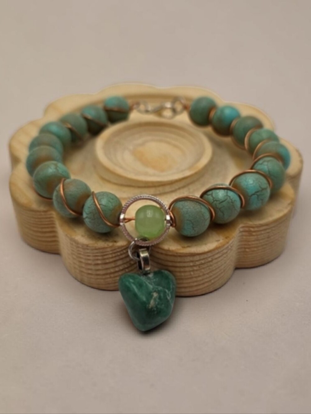Handmade Wire Wrapped Turquoise Beaded Bracelet with Jade Stone Charm